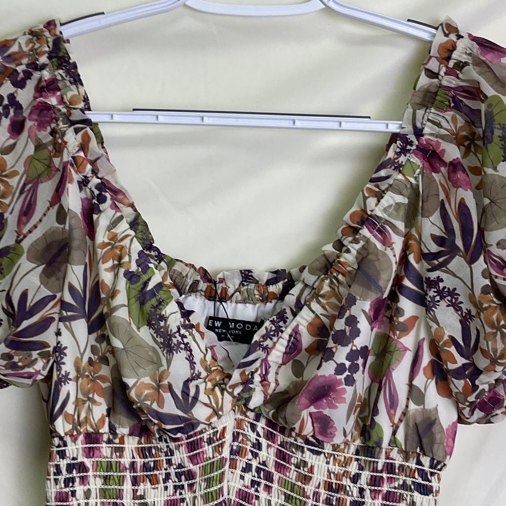 Juliet Dress - Smocked Waist Floral Midi Dress in Cream - Picture 4 of 11